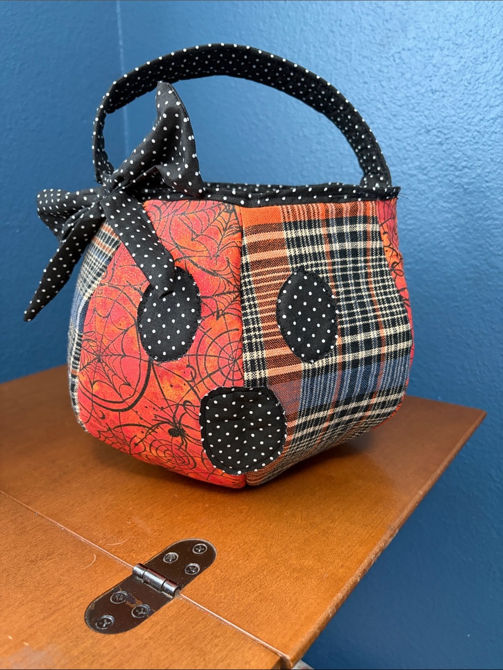 Handcrafted orange Plaid Patchwork Women’s Tote with Black Polka Accents